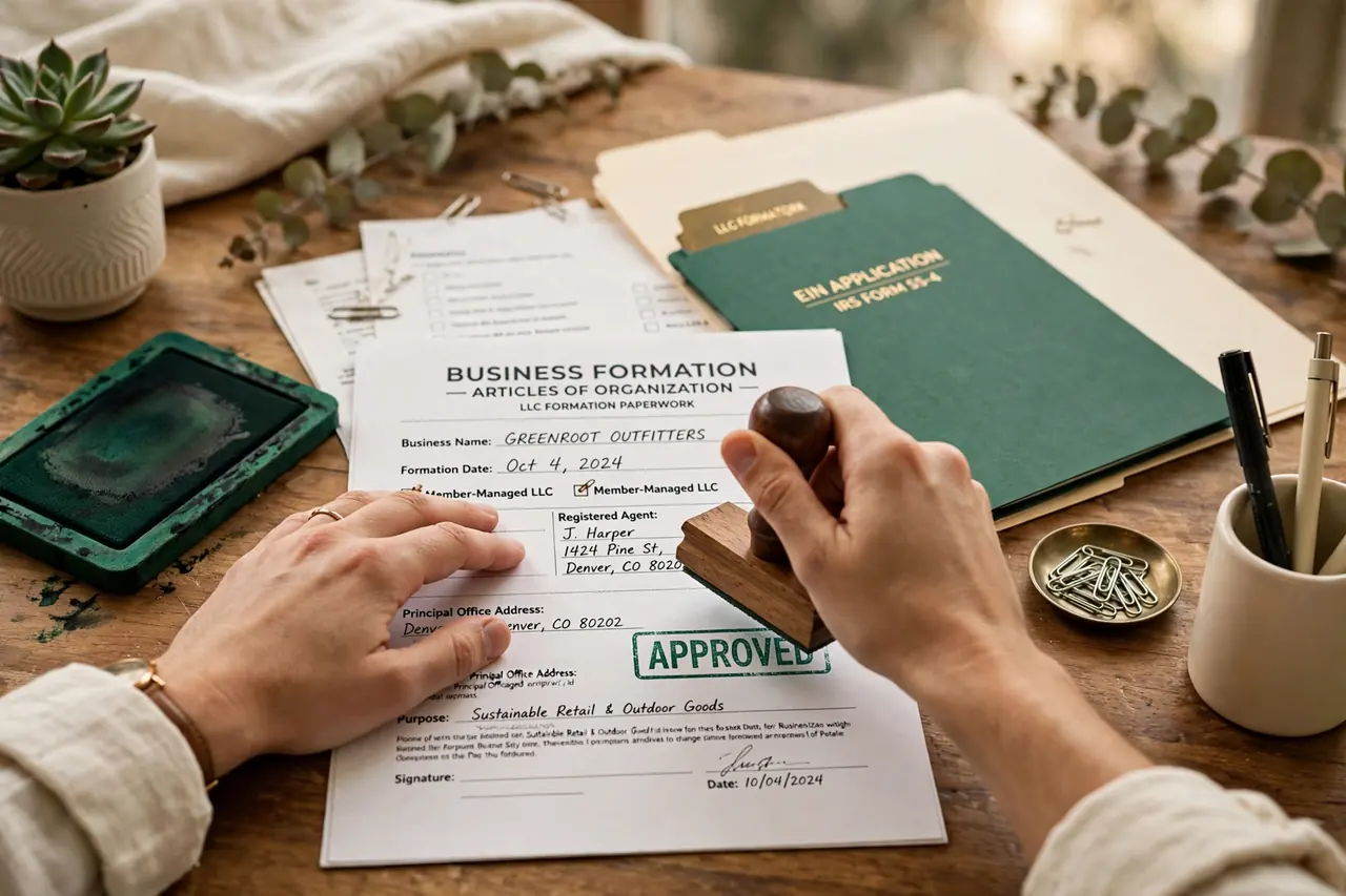 Hands stamping Articles of Organization paperwork on a desk