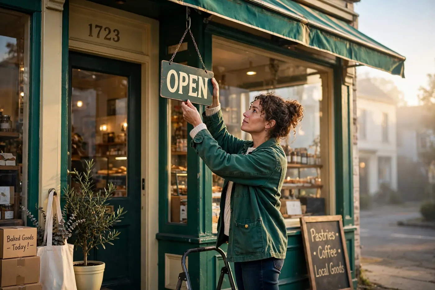 A founder hanging an Open sign on a storefront at sunrise
