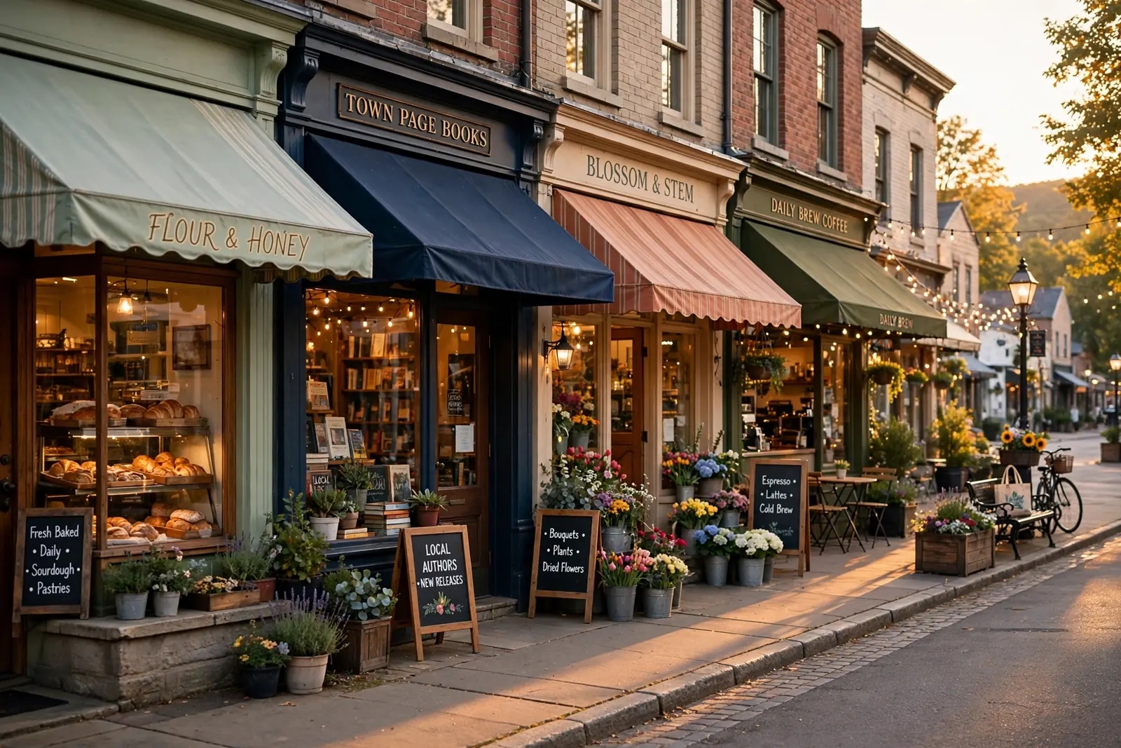 Storefronts along a main street at golden hour