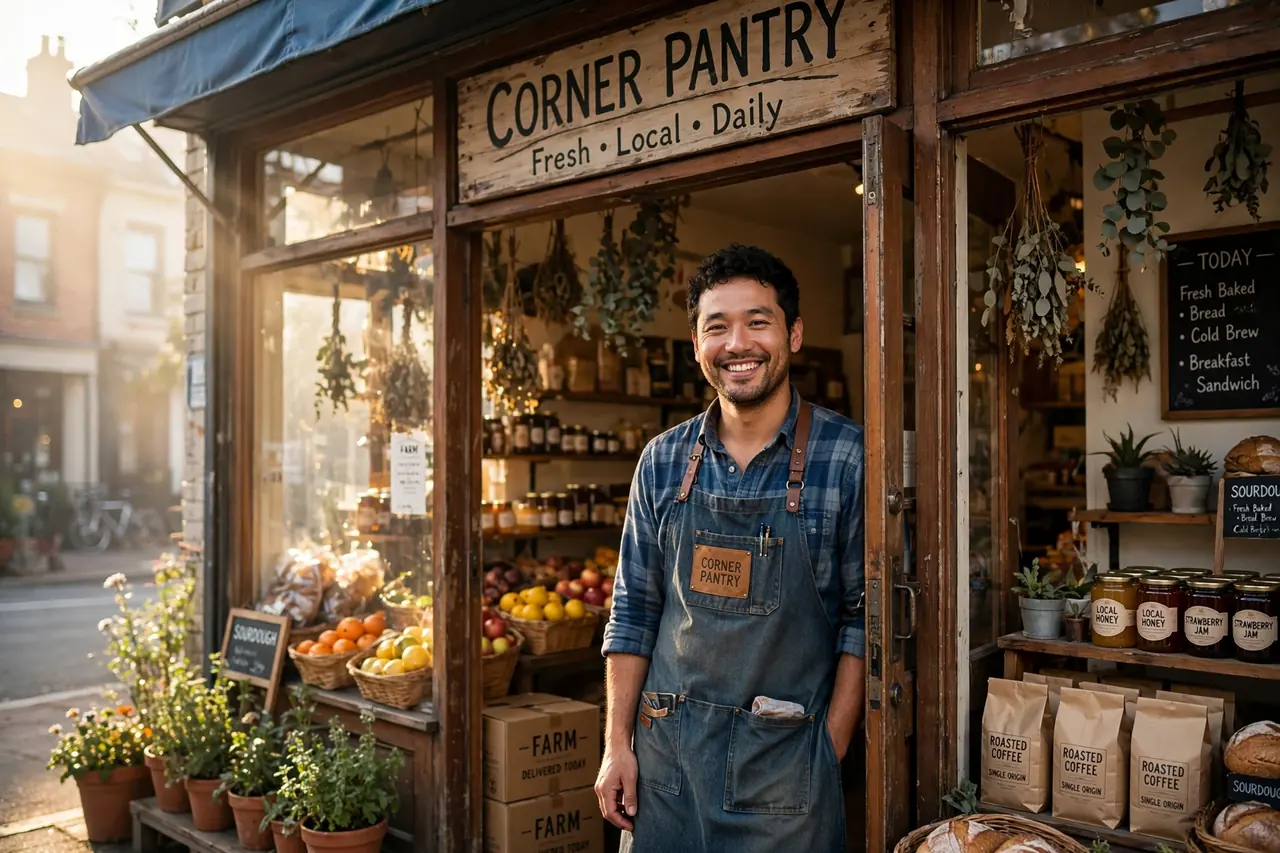 A small business owner standing in a shop doorway